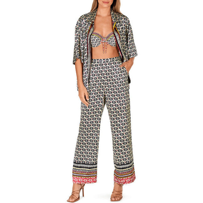 fan print trousers with red patterned hems, elasticated waste