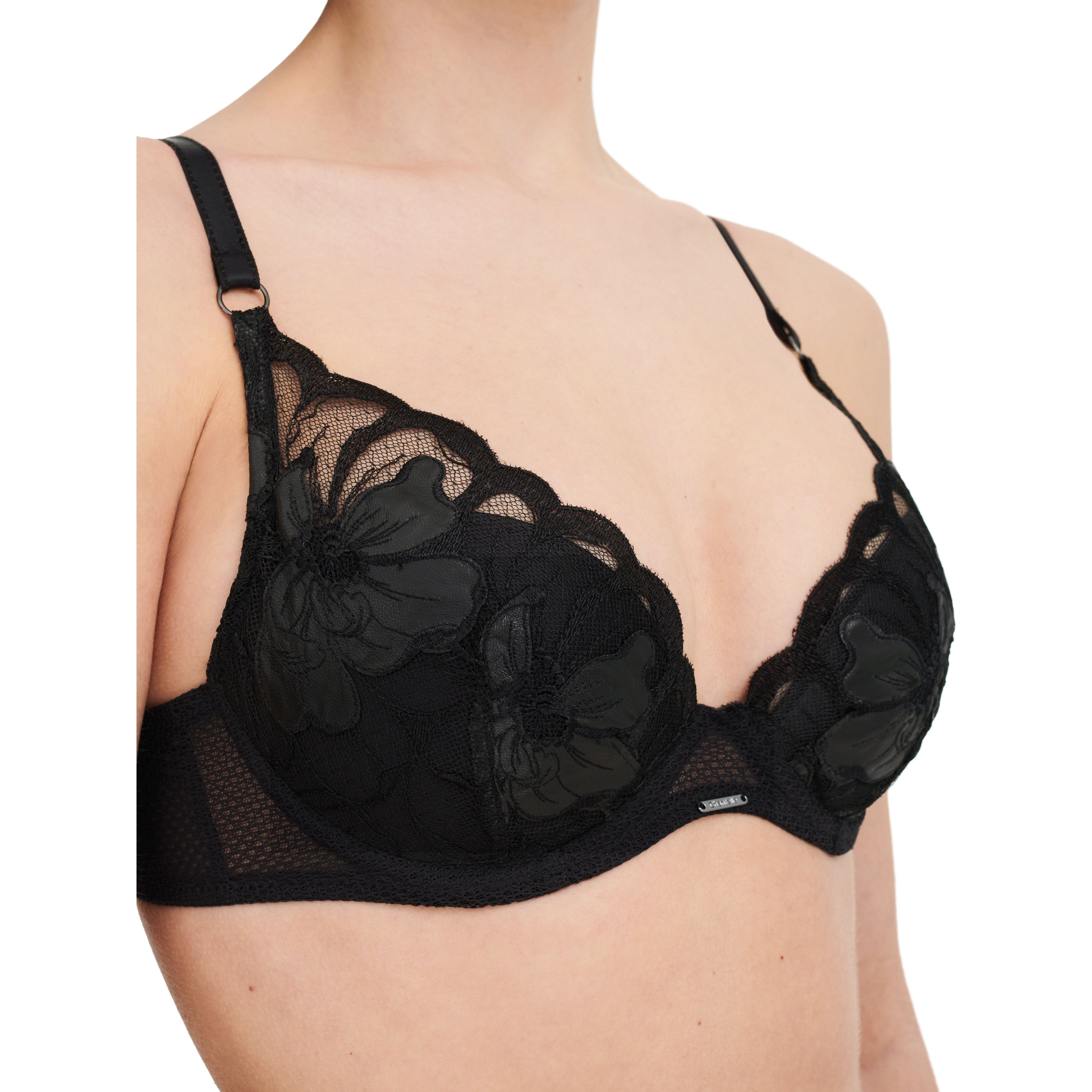 plunge bra in black with leather flower details.