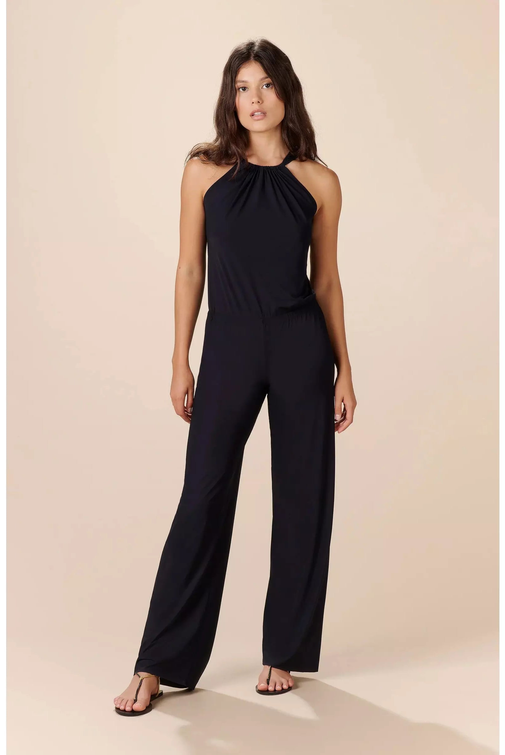 BLACK TROUSER JUMPSUIT WITH HALTER NECK DESIGN
