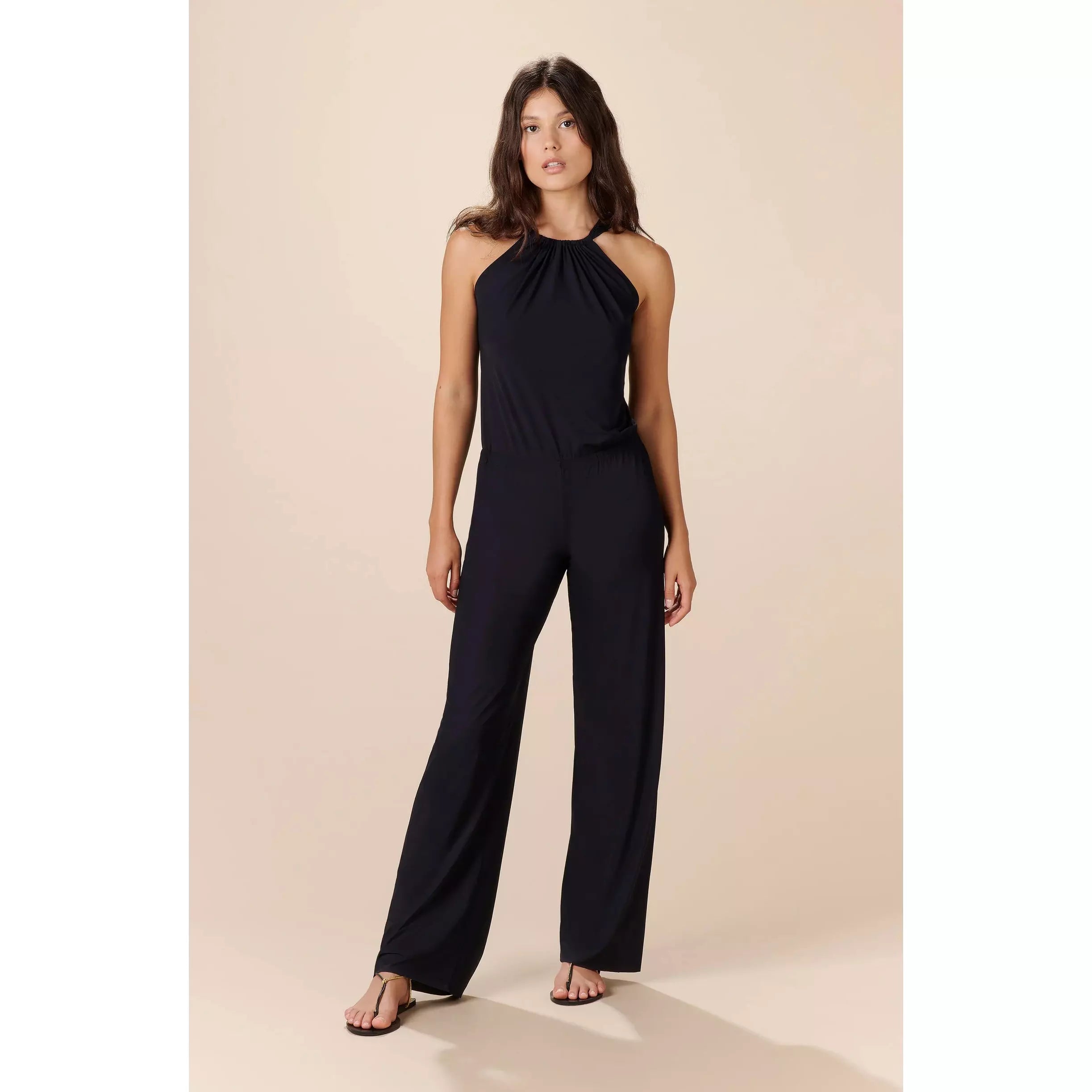 BLACK TROUSER JUMPSUIT WITH HALTER NECK DESIGN