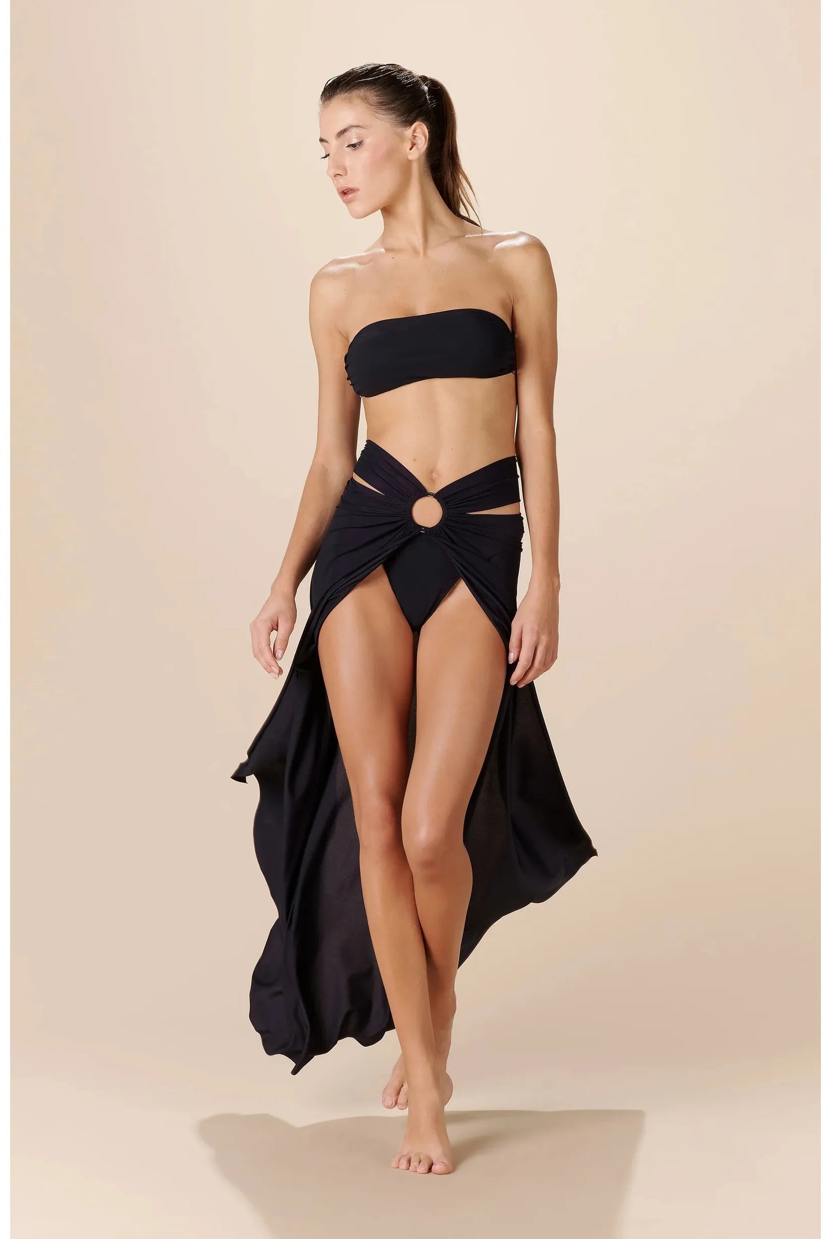 Open front black pareo skirt with silver ring in middle