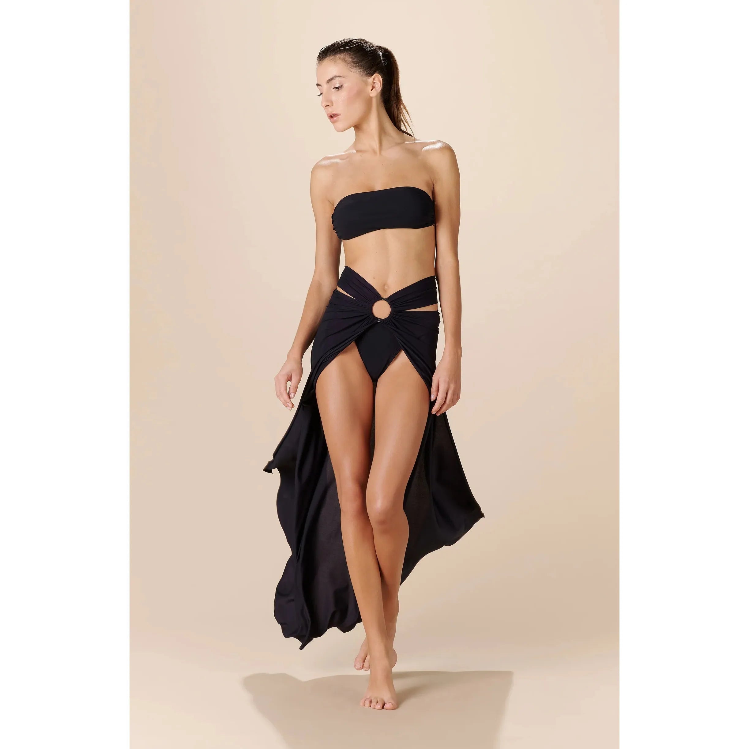 Open front black pareo skirt with silver ring in middle