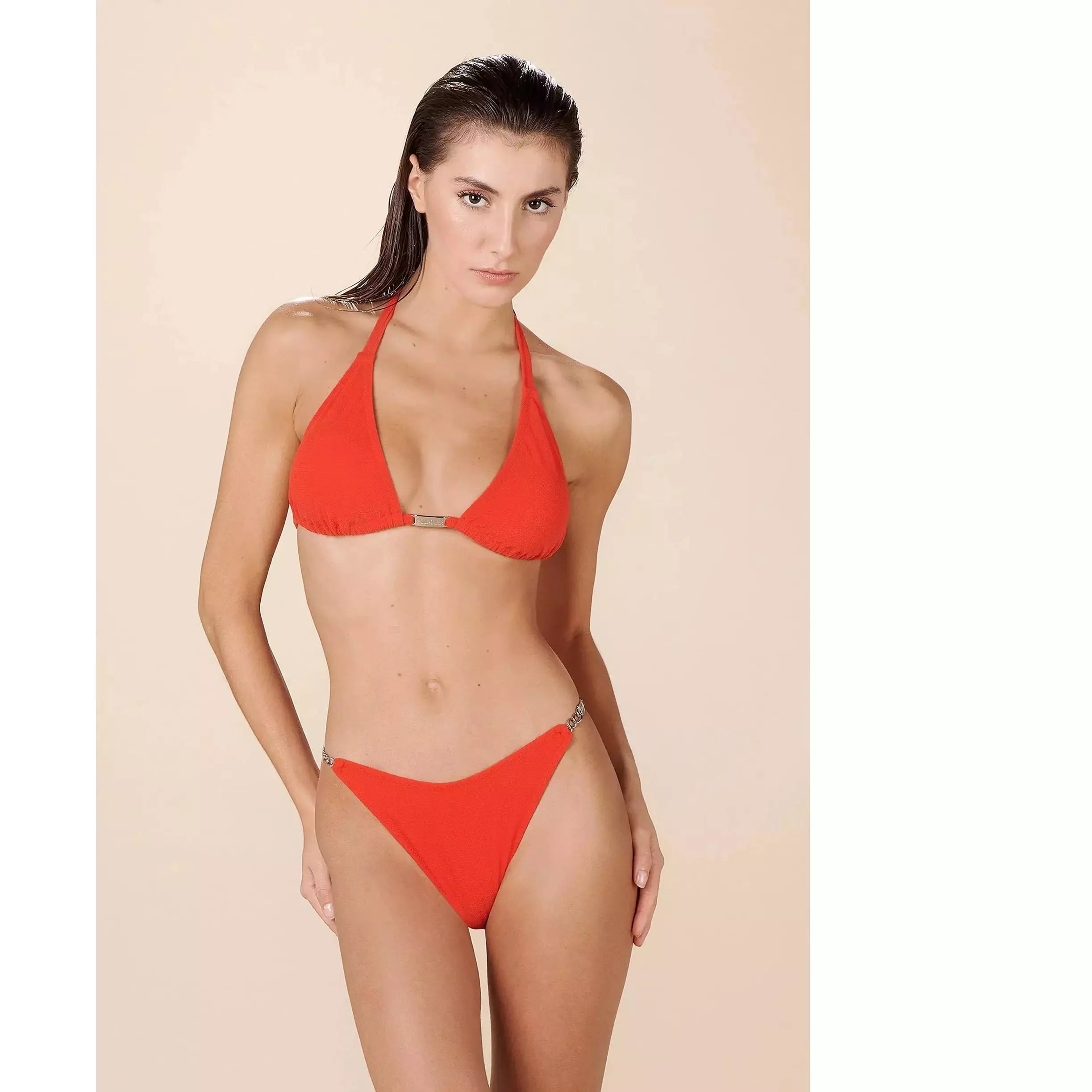 orange triangke bikini top with halter neck tie and back tie with silver hardware in the centre