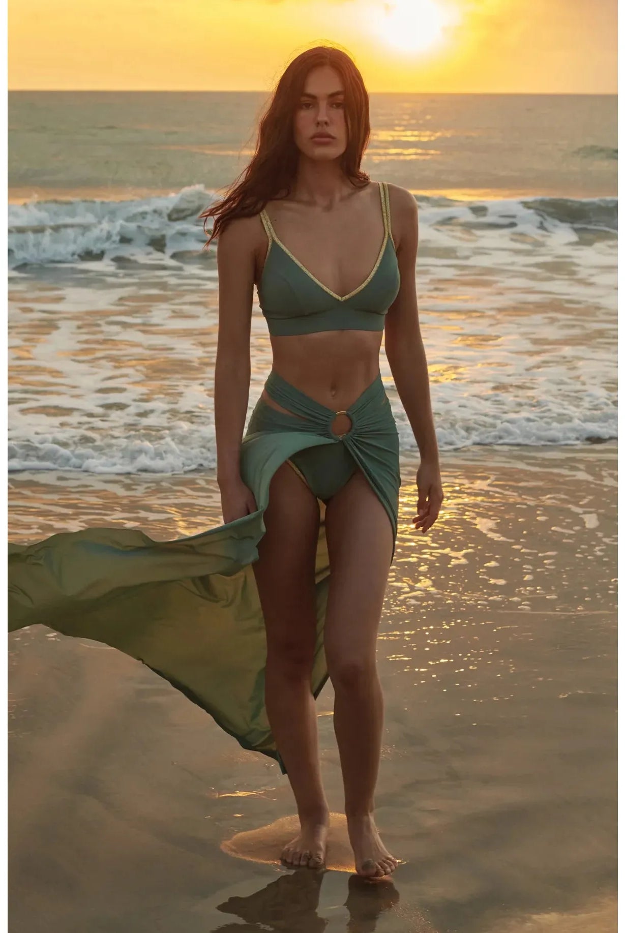 Almond green pareo skirt with gold hoop in the centre. maxi length and open design