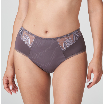 opaque high-waisted briefs feature decorative embroidery. Eyeshadow is a warm taupe with subtly shimmery embroidery