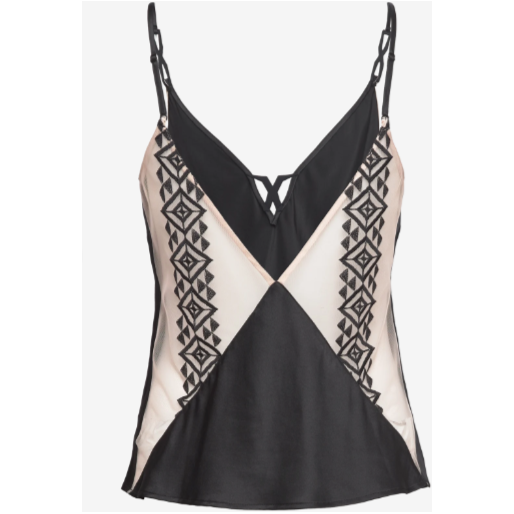Back of the cami gives the illusion of an 'X' split into four parts, a deep 'v' eitger side a sheer mesh with azte design through the middle and a solid black triangle at the bottom
