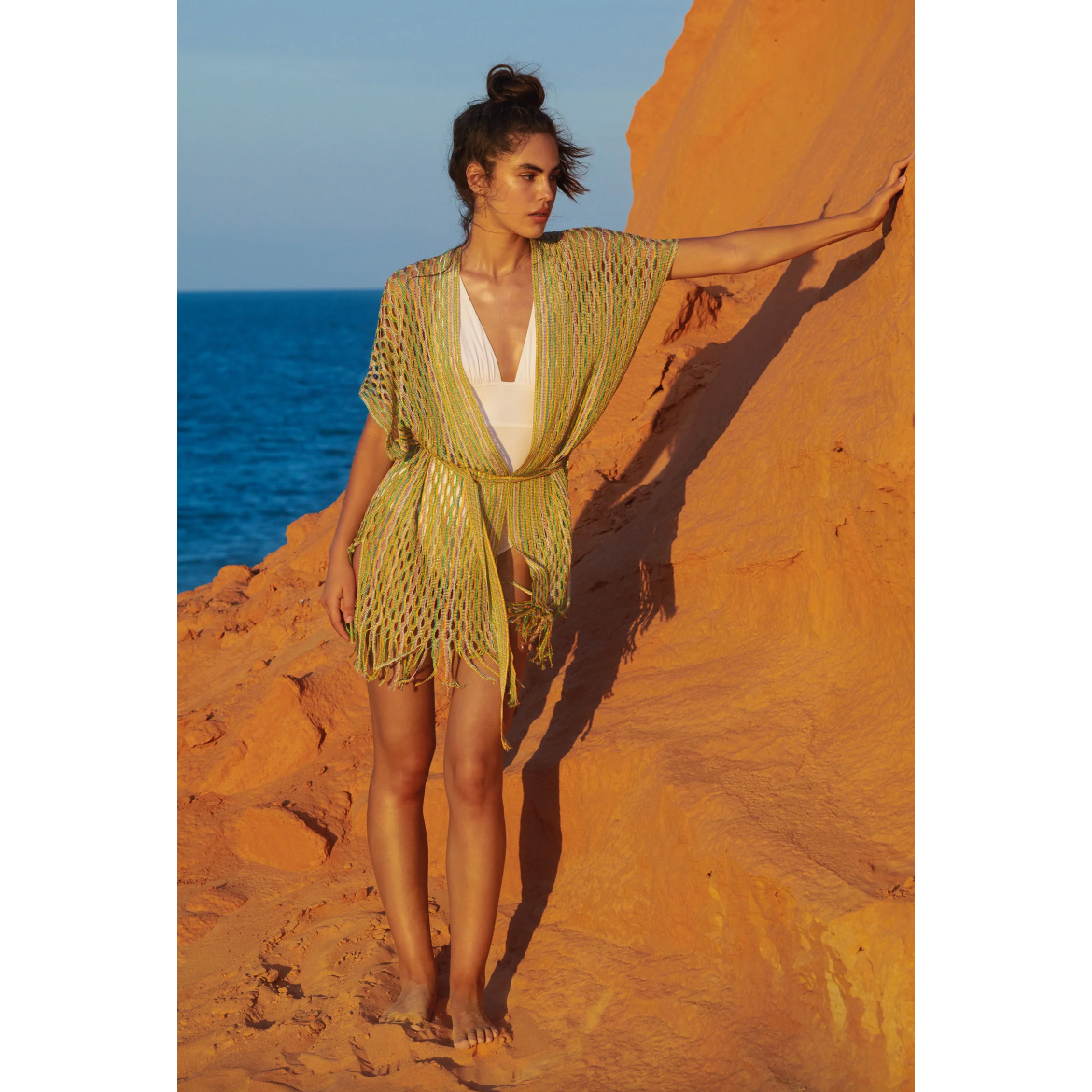 gold lurex net kimono with green and pink colour details