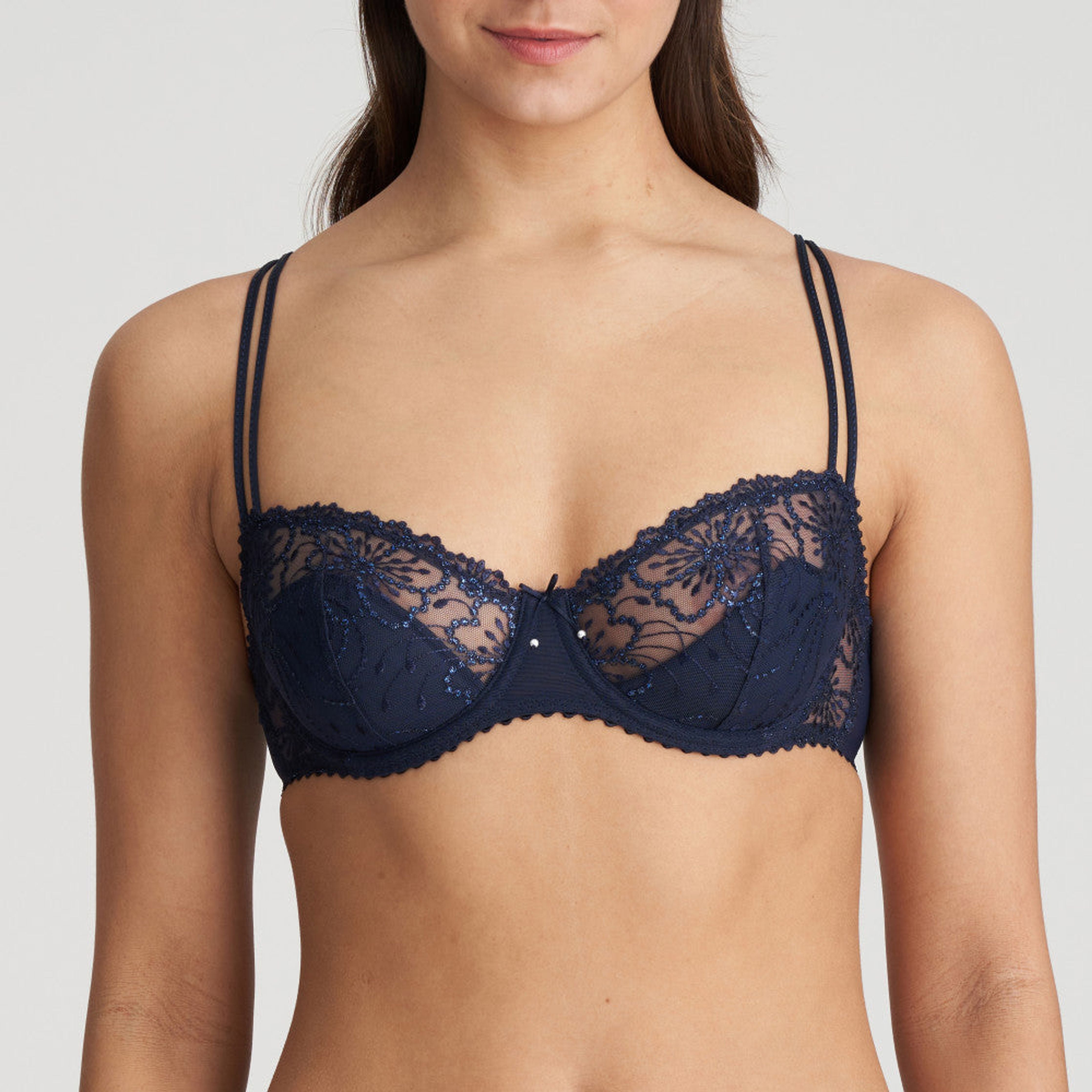 BALCONY BRA WITH HALF PADDING, FLORAL LACE DETAIL WITH A HINT OF SHIMMER, DOUBLE THIN STRAPS AND BLUE BOW IN CENTRE