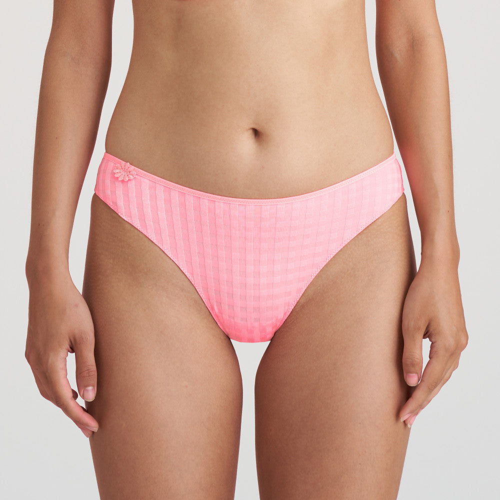 rio brief in the iconic avero cheque print in neon pink and small flower on the side