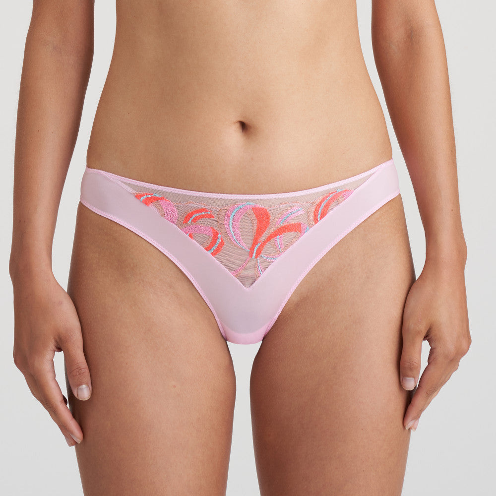 pink powder colour with sheer triangle featuring embroidered bows in pink and coral