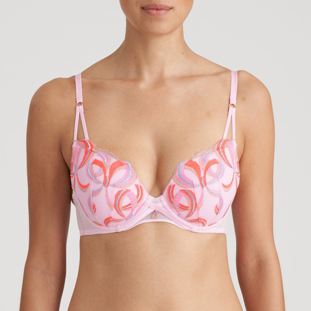 pink powder heartshape bra with embroidered pink and coral bows and a hint of gold shimmer