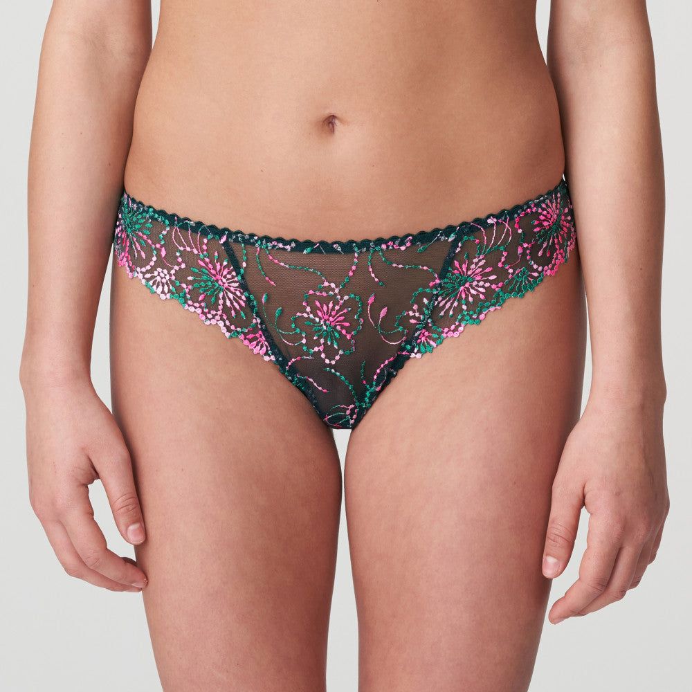 Flattering thong in sheer embroidered fabric. Jungle Kiss features a bold and captivating color twist of white, dark green, and fuchsia.