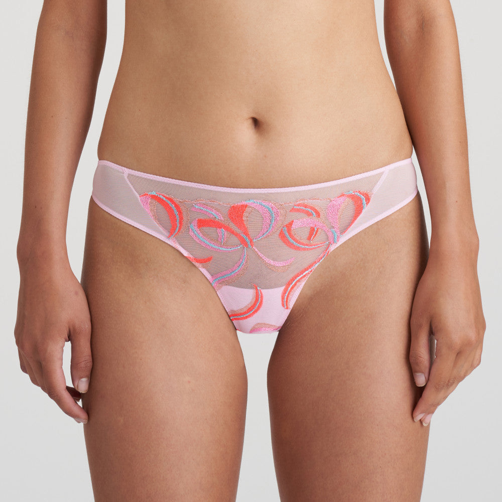 light pink slightly sheer thong with flirty pink and coral bows