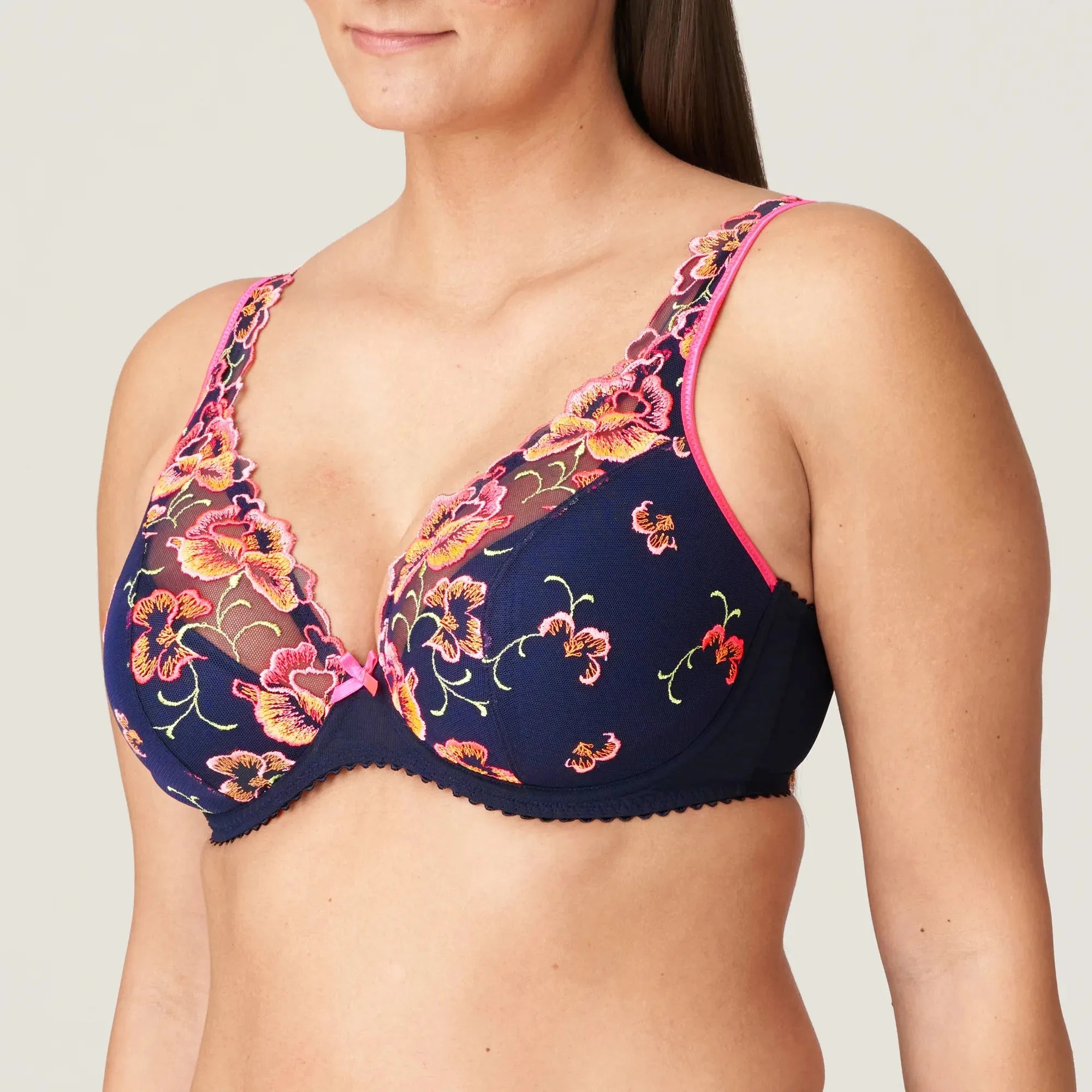 deep plunge bra in a navy with stunning floral embroidery all over