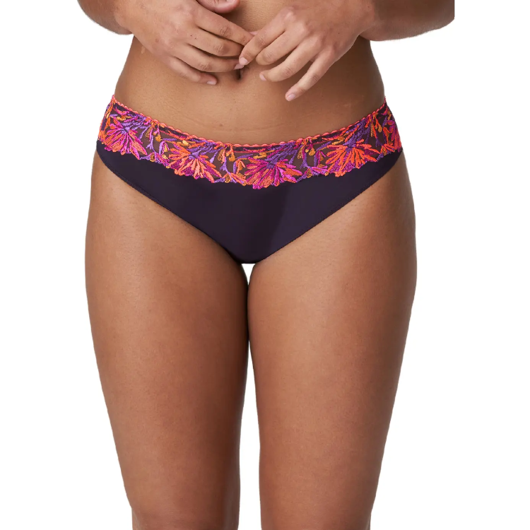 rio briefs in a deep purple with bright pink embroidery on the waist