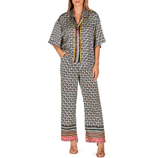 fan print shirt with red and yellow pattern down the centre with buttons, looks oversized