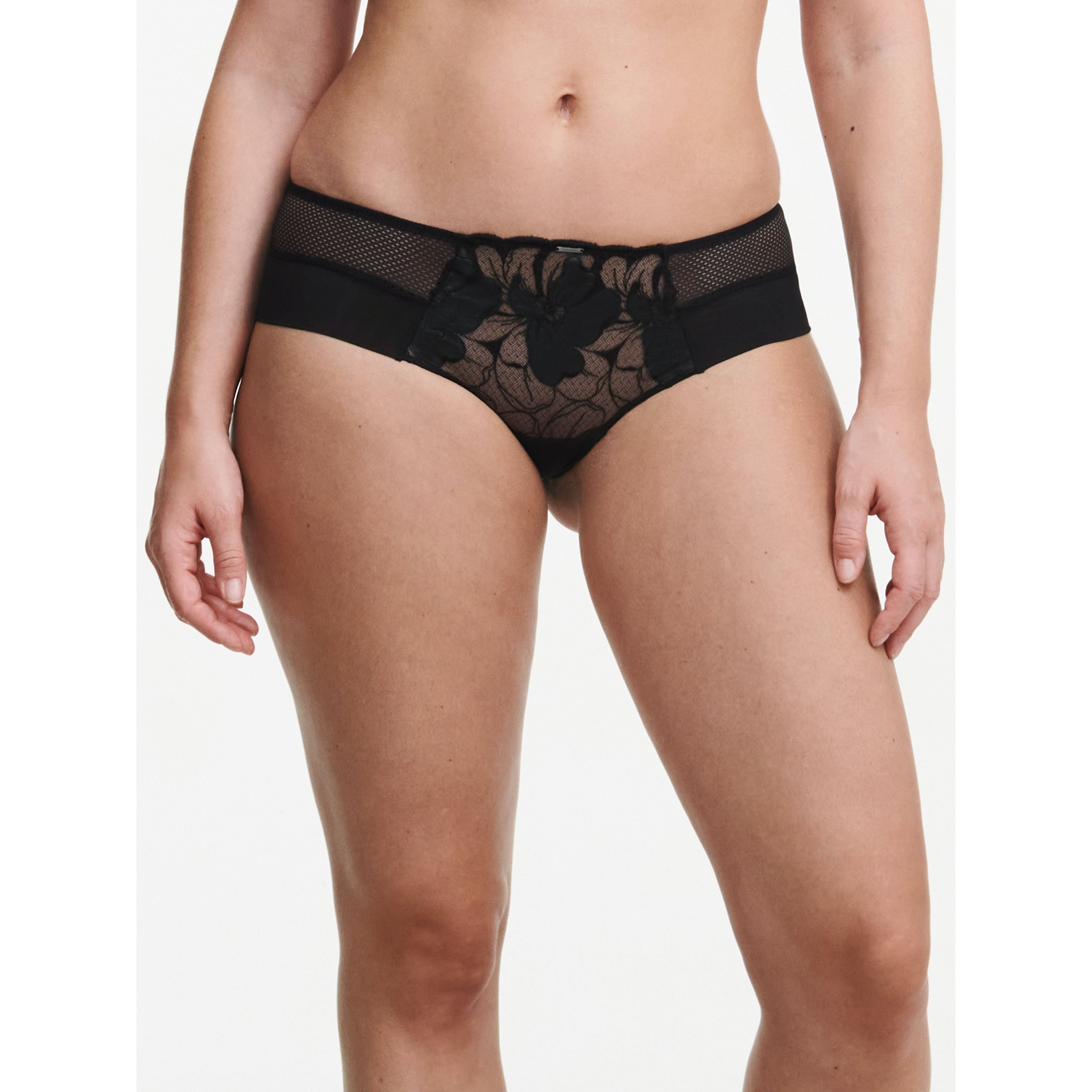 Shorty in lush floral embroidery treated in positive negative all in transparency and seduction Branded plaque at the waist as precious finish