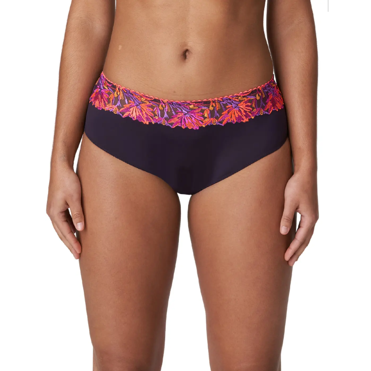 Full Briefs which sit high on the waist, with beautiful bright pink embroidery on the front and a scalloped edge at the back.  