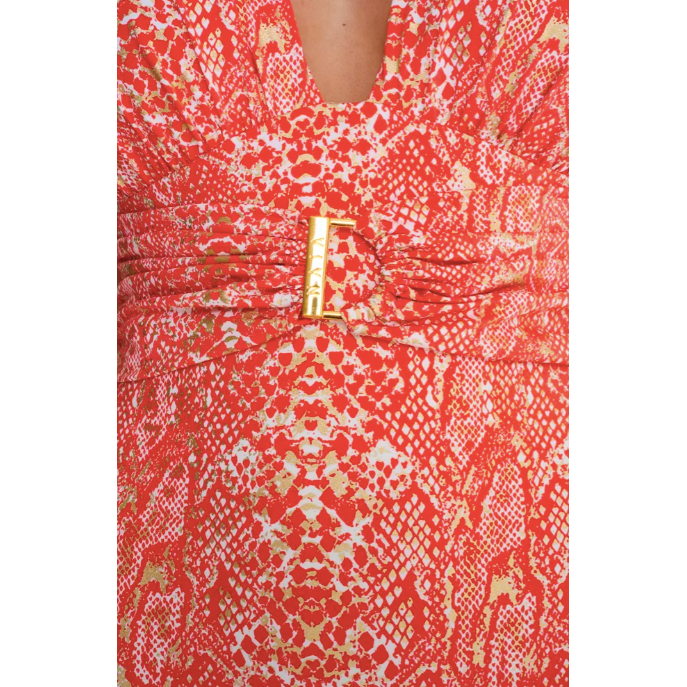 coral coloured swimsuit with gold foil snake pattern.  Featuring a plunging front, neck ties and a matching belt with gold bar detailing round the waist