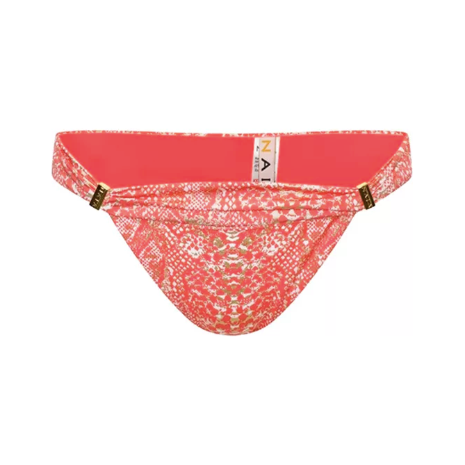 Coral coloured bikini briefs with gold foil snake print
