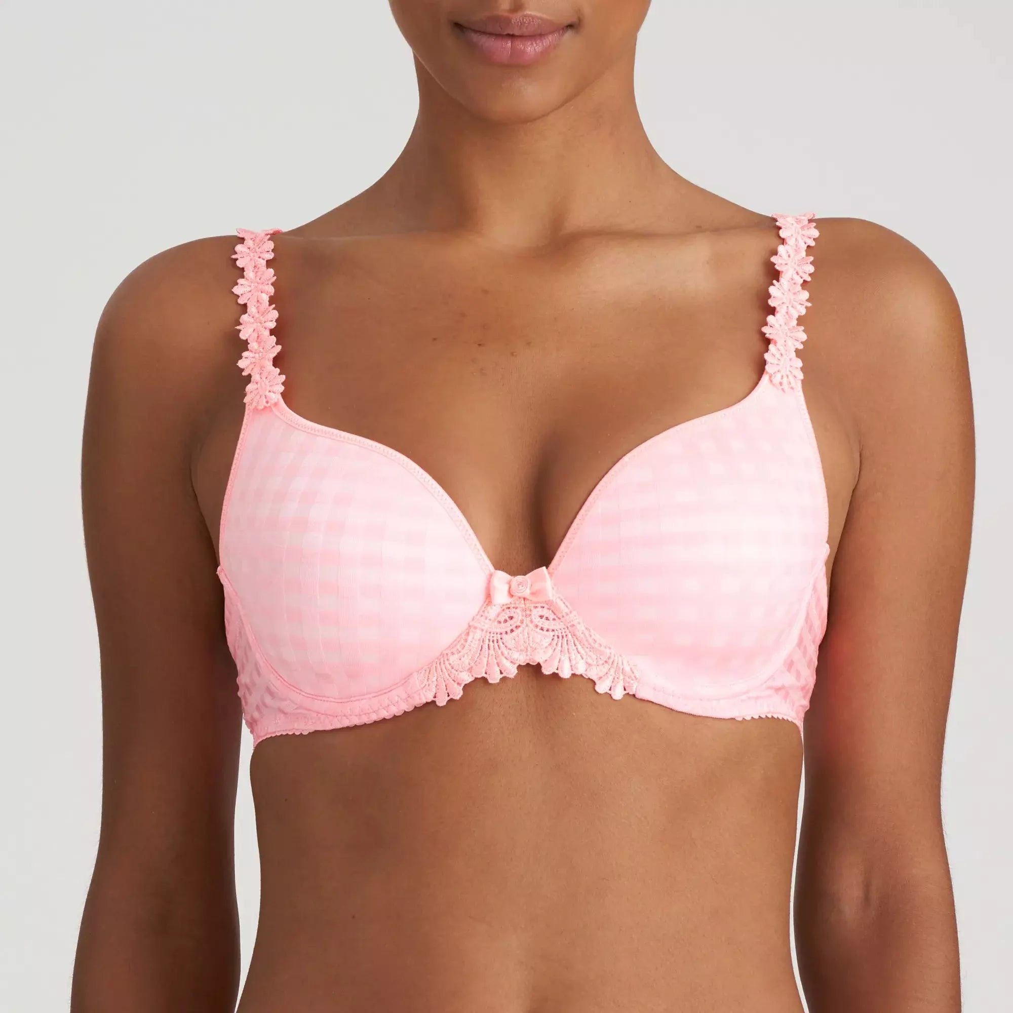 marie jo avero heartshape bra in a neon pink with chequw print and daisies on the straps 