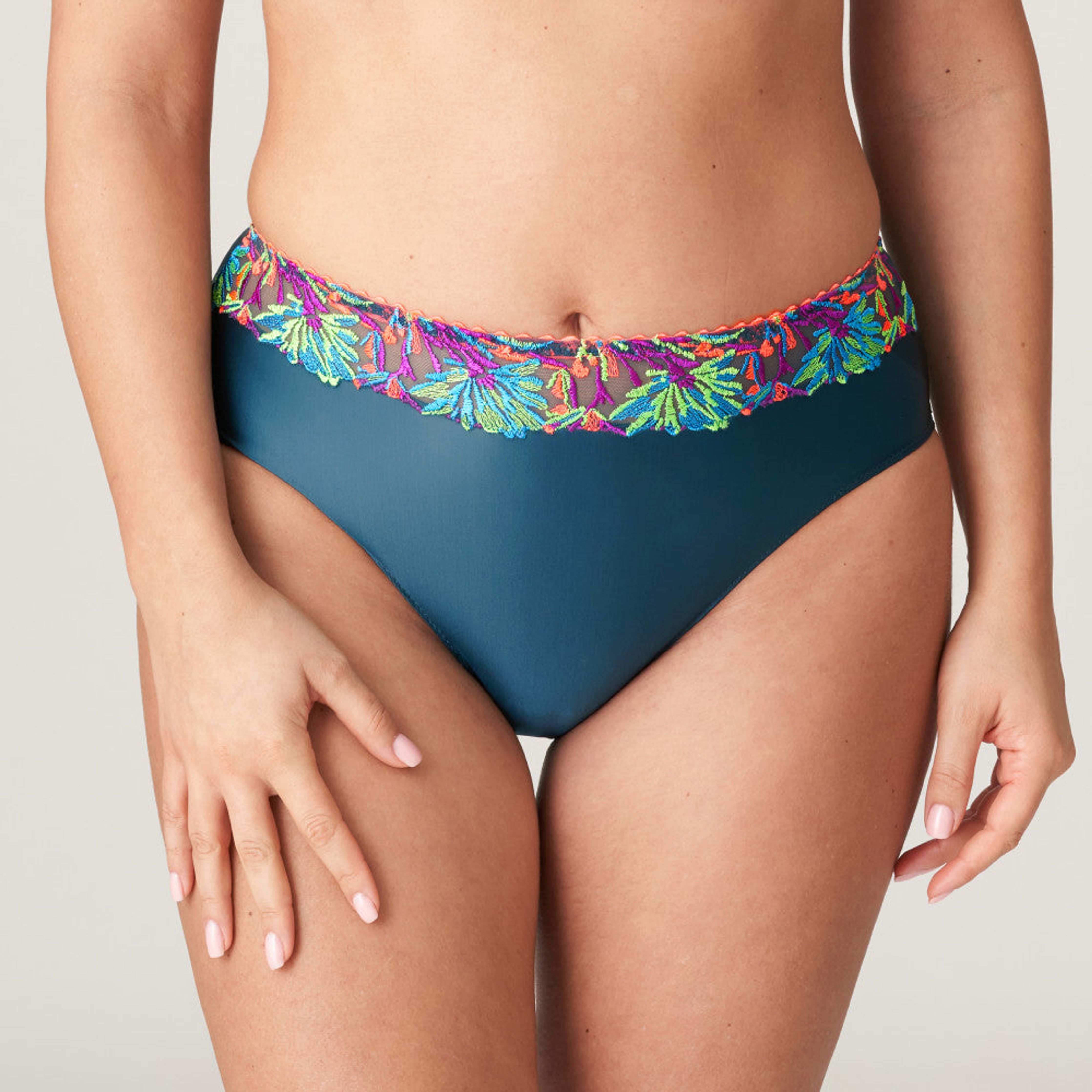 TEAL GEEEN FULL BRIEF WITH GREEN/PURPLE HUGHS FLORAL EMBROIDERED BAND