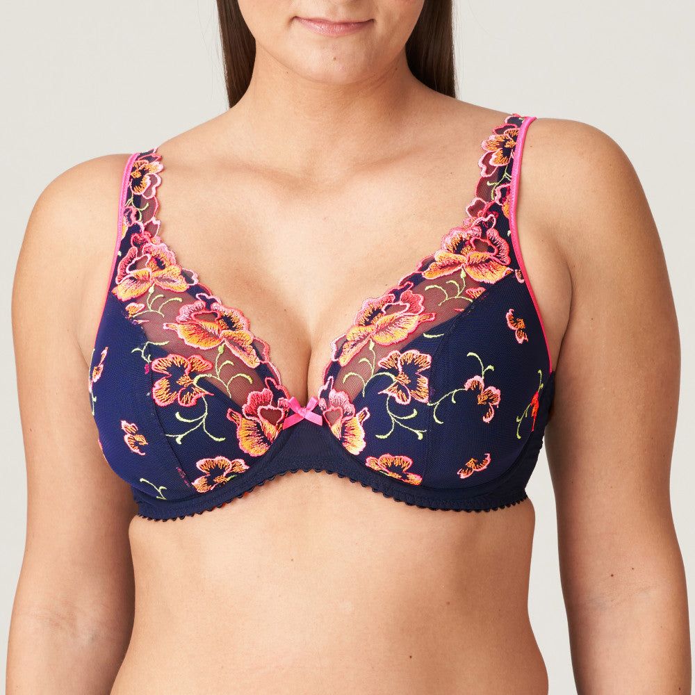 deep plunge bra in a navy with stunning floral embroidery all over 